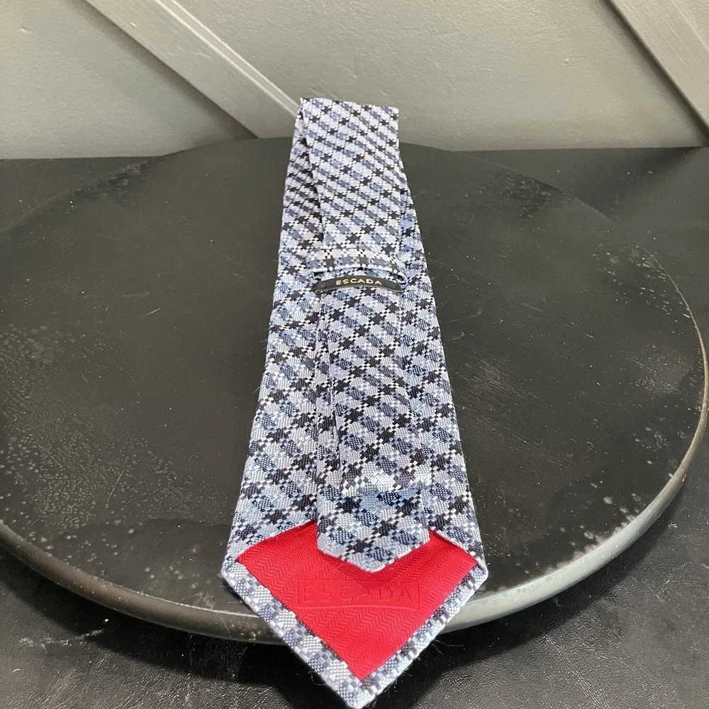 Escada 100% Silk Necktie Blue Navy Black Geometric Woven Check Luxury Tie